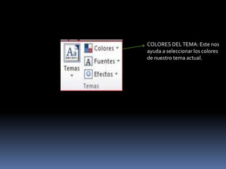 COLORES DEL TEMA: Este nos
ayuda a seleccionar los colores
de nuestro tema actual.
 