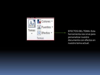 EFECTOS DEL TEMA: Esta
herramienta nos sirve para
personalizar nuestro
documento con efectos en
nuestro tema actual.
 