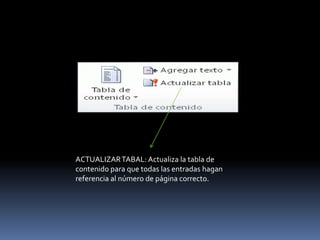 ACTUALIZAR TABAL: Actualiza la tabla de
contenido para que todas las entradas hagan
referencia al número de página correcto.
 
