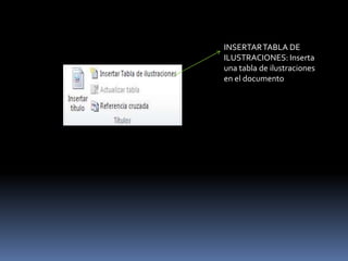 INSERTAR TABLA DE
ILUSTRACIONES: Inserta
una tabla de ilustraciones
en el documento
 