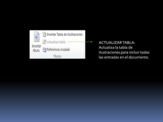 ACTUALIZAR TABLA:
Actualiza la tabla de
ilustraciones para incluir todas
las entradas en el documento.
 