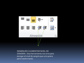 NISMINUIR O AUMENTAR NIVEL DE
SANGRIA: Esta herramienta nos sirve para
escoger el nivel de sangría que uno quiera
para nuestro texto.
 