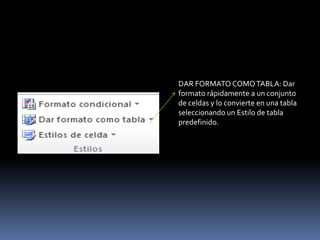 DAR FORMATO COMO TABLA: Dar
formato rápidamente a un conjunto
de celdas y lo convierte en una tabla
seleccionando un Estilo de tabla
predefinido.
 