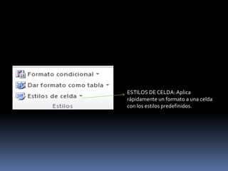 ESTILOS DE CELDA: Aplica
rápidamente un formato a una celda
con los estilos predefinidos.
 