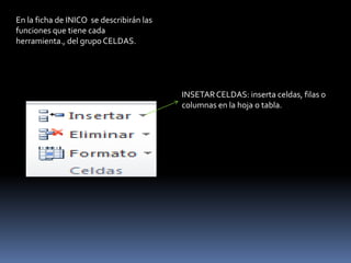 En la ficha de INICO se describirán las
funciones que tiene cada
herramienta., del grupo CELDAS.




                                          INSETAR CELDAS: inserta celdas, filas o
                                          columnas en la hoja o tabla.
 