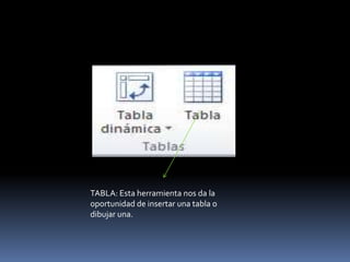 TABLA: Esta herramienta nos da la
oportunidad de insertar una tabla o
dibujar una.
 