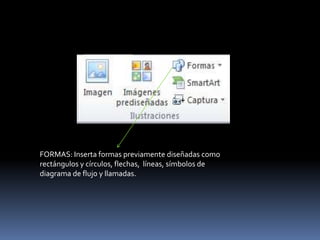 FORMAS: Inserta formas previamente diseñadas como
rectángulos y círculos, flechas, líneas, símbolos de
diagrama de flujo y llamadas.
 