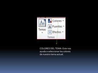 COLORES DEL TEMA: Este nos
ayuda a seleccionar los colores
de nuestro tema actual.
 