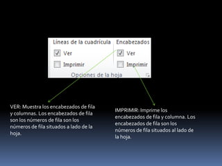 VER: Muestra los encabezados de fila
                                        IMPRIMIR: Imprime los
y columnas. Los encabezados de fila
                                        encabezados de fila y columna. Los
son los números de fila son los
                                        encabezados de fila son los
números de fila situados a lado de la
                                        números de fila situados al lado de
hoja.
                                        la hoja.
 