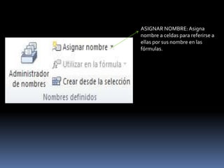 ASIGNAR NOMBRE: Asigna
nombre a celdas para referirse a
ellas por sus nombre en las
fórmulas.
 