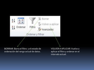 BORRAR: Borra el filtro y el estado de   VOLVER A APLICAR: Vuelve a
ordenación del rango actual de datos.    aplicar el filtro y ordenar en el
                                         intervalo actual.
 