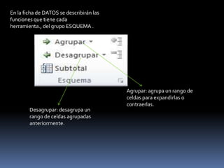 En la ficha de DATOS se describirán las
funciones que tiene cada
herramienta., del grupo ESQUEMA .




                                          Agrupar: agrupa un rango de
                                          celdas para expandirlas o
                                          contraerlas.
        Desagrupar: desagrupa un
        rango de celdas agrupadas
        anteriormente.
 