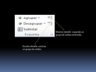 Mostrar detalle: expande un
                           grupo de celdas contraido.



Ocultar detalle: contrae
un grupo de celdas.
 