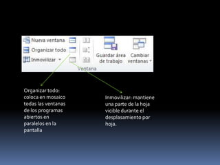 Organizar todo:
coloca en mosaico    Inmovilizar: mantiene
todas las ventanas   una parte de la hoja
de los programas     vicible durante el
abiertos en          desplasamiento por
paralelos en la      hoja.
pantalla
 
