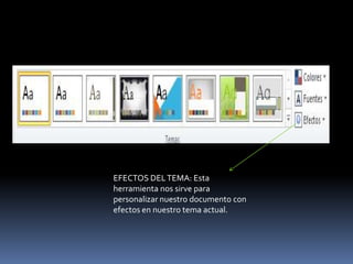 EFECTOS DEL TEMA: Esta
herramienta nos sirve para
personalizar nuestro documento con
efectos en nuestro tema actual.
 