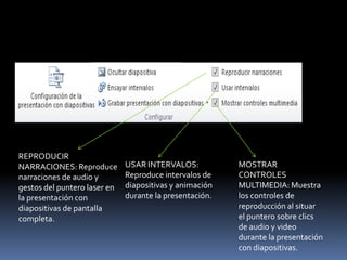 REPRODUCIR
NARRACIONES: Reproduce        USAR INTERVALOS:           MOSTRAR
narraciones de audio y        Reproduce intervalos de    CONTROLES
gestos del puntero laser en   diapositivas y animación   MULTIMEDIA: Muestra
la presentación con           durante la presentación.   los controles de
diapositivas de pantalla                                 reproducción al situar
completa.                                                el puntero sobre clics
                                                         de audio y video
                                                         durante la presentación
                                                         con diapositivas.
 