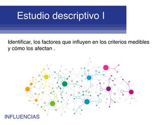 Estudio descriptivo I
Identificar, los factores que influyen en los criterios medibles
y cómo los afectan .
INFLUENCIAS