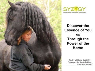 Discover the Essence of You  Through the Power of the Horse Rocky Mt Horse Expo 2011 Presented By: Kami Guildner President, Syzygy 