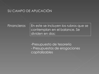Financieros En este se incluyen los rubros que se contemplan en el balance. Se dividen en dos: Presupuesto de tesorería - Presupuestos de erogaciones capitalizables SU CAMPO DE APLICACIÓN 