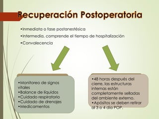 •Inmediata o fase postanestésica
•Intermedia, comprende el tiempo de hospitalización
•Convalecencia
POSTOPERATORIO
INMEDIATO
POSTOPERATORIO
INTERMEDIO•Monitoreo de signos
vitales
•Balance de líquidos
•Cuidado respiratorio
•Cuidado de drenajes
•Medicamentos
•48 horas después del
cierre, las estructuras
internas están
completamente selladas
del ambiente externo.
•Apósitos se deben retirar
al 3 o 4 día POP.
 