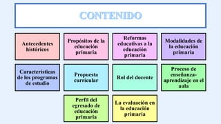 Antecedentes
históricos
Propósitos de la
educación
primaria
Reformas
educativas a la
educación
primaria
Modalidades de
la educación
primaria
Características
de los programas
de estudio
Propuesta
curricular
Rol del docente
Proceso de
enseñanza-
aprendizaje en el
aula
Perfil del
egresado de
educación
primaria
La evaluación en
la educación
primaria
 