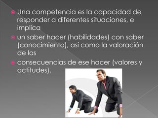Una competencia es la capacidad de
responder a diferentes situaciones, e
implica
 un saber hacer (habilidades) con saber
(conocimiento), así como la valoración
de las
 consecuencias de ese hacer (valores y
actitudes).


 