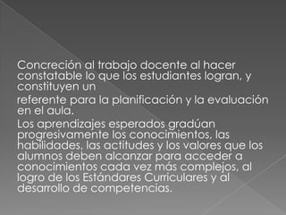 Concreción al trabajo docente al hacer
constatable lo que los estudiantes logran, y
constituyen un
referente para la planificación y la evaluación
en el aula.
Los aprendizajes esperados gradúan
progresivamente los conocimientos, las
habilidades, las actitudes y los valores que los
alumnos deben alcanzar para acceder a
conocimientos cada vez más complejos, al
logro de los Estándares Curriculares y al
desarrollo de competencias.

 
