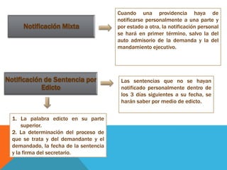 Cuando una providencia haya de
                                        notificarse personalmente a una parte y
      Notificación Mixta                por estado a otra, la notificación personal
                                        se hará en primer término, salvo la del
                                        auto admisorio de la demanda y la del
                                        mandamiento ejecutivo.




Notificación de Sentencia por            Las sentencias que no se hayan
            Edicto                       notificado personalmente dentro de
                                         los 3 días siguientes a su fecha, se
                                         harán saber por medio de edicto.


  1. La palabra edicto en su parte
      superior.
  2. La determinación del proceso de
  que se trata y del demandante y el
  demandado, la fecha de la sentencia
  y la firma del secretario.
 