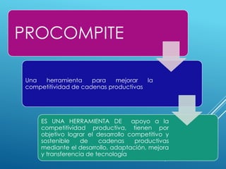 PROCOMPITE
Una herramienta para mejorar la
competitividad de cadenas productivas
ES UNA HERRAMIENTA DE apoyo a la
competitividad productiva, tienen por
objetivo lograr el desarrollo competitivo y
sostenible de cadenas productivas
mediante el desarrollo, adaptación, mejora
y transferencia de tecnología
 