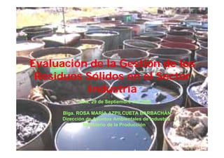 Evaluación de la Gestión de los
 Residuos Sólidos en el Sector
          Industria
            Lima, 29 de Septiembre del 2006

      Blga. ROSA MARÍA AZPILCUETA BARBACHÁN
      Dirección de Asuntos Ambientales de Industria
               Ministerio de la Producción
 