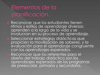  Reconocer que los estudiantes tienen
ritmos y estilos de aprendizaje diversos;
aprenden a lo largo de la vida y se
involucran en su proceso de aprendizaje.
 Seleccionar estrategias didácticas que
propicien la movilización de saberes, y la
evaluación para el aprendizaje congruente
con los aprendizajes esperados.
 Reconocer que los referentes para el
diseño del trabajo didáctico son los
aprendizajes esperados de los programas
de preescolar, primaria y secundaria.
 