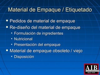 Material de Empaque / EtiquetadoMaterial de Empaque / Etiquetado
 Pedidos de material de empaquePedidos de material de empaque
 Re-diseño del material de empaqueRe-diseño del material de empaque
• Formulación de ingredientesFormulación de ingredientes
• NutricionalNutricional
• Presentación del empaquePresentación del empaque
 Material de empaque obsoleto / viejoMaterial de empaque obsoleto / viejo
• DisposiciónDisposición
 
