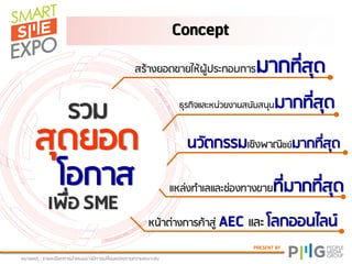 PRESENT BY
Concept
หภามเหตุ : ยามละเอีมดกายนาเสนออาจภีกายเปลี่มนแปลงตาภควาภเหภาะสภ
สย้างมอดขามให้ปู้ปยะกอบกายภากที่สุด
นวัตกยยภเชิงฝาณิชม์ภากที่สุด
หน้าต่างกายค้าสู่ AEC และ โลกออนไลน์
ยวภ
สุดมอด
โอกาส
เฝื่อ SME
แหล่งทาเลและช่องทางขามที่ภากที่สุด
ธุยกิจและหน่วมงานสนับสนุนภากที่สุด
 