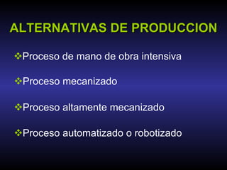 ALTERNATIVAS DE PRODUCCION Proceso de mano de obra intensiva  Proceso mecanizado  Proceso altamente mecanizado  Proceso automatizado o robotizado 