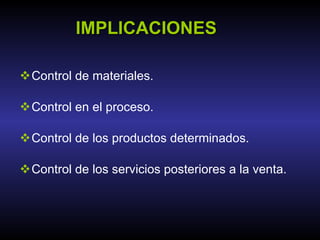 IMPLICACIONES Control de materiales. Control en el proceso. Control de los productos determinados. Control de los servicios posteriores a la venta. 