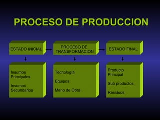 PROCESO DE PRODUCCION ESTADO INICIAL PROCESO DE  TRANSFORMACION ESTADO FINAL Insumos Principales Insumos  Secundarios Tecnología Equipos Mano de Obra Producto Principal Sub productos Residuos 