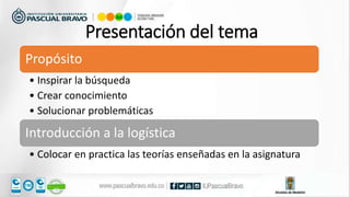 Presentación del tema
Propósito
• Inspirar la búsqueda
• Crear conocimiento
• Solucionar problemáticas
Introducción a la logística
• Colocar en practica las teorías enseñadas en la asignatura
 