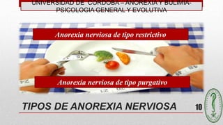 UNIVERSIDAD DE CÓRDOBA – ANOREXIA Y BULIMIA-
PSICOLOGIA GENERAL Y EVOLUTIVA
10TIPOS DE ANOREXIA NERVIOSA
Anorexia nerviosa de tipo restrictivo
Anorexia nerviosa de tipo purgativo
 