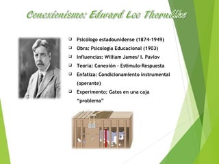  Psicólogo estadounidense (1874-1949)
 Obra: Psicología Educacional (1903)
 Influencias: William James/ I. Pavlov
 Teoría: Conexión - Estímulo-Respuesta
 Enfatiza: Condicionamiento instrumental
(operante)
 Experimento: Gatos en una caja
“problema”
 