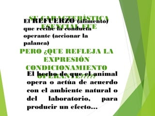 SU CARACTERÍSTICA
ESENCIAL FUE
El REFUERZO (alimento)
que recibe la conducta
operante (accionar la
palanca)
PERO ¿QUE REFLEJA LA
EXPRESIÓN
CONDICIONAMIENTO
OPERANTE?????El hecho de que el animal
opera o actúa de acuerdo
con el ambiente natural o
del laboratorio, para
producir un efecto…
 
