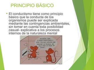 PRINCIPIO BÁSICO
 El conductismo tiene como principio
básico que la conducta de los
organismos puede ser explicada
mediante las contingencias ambientales,
sin tomar en cuenta toda posibilidad
casual- explicativa a los procesos
internos de la naturaleza mental
 
