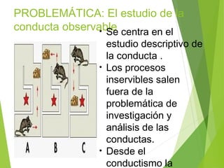 PROBLEMÁTICA: El estudio de la
conducta observable• Se centra en el
estudio descriptivo de
la conducta .
• Los procesos
inservibles salen
fuera de la
problemática de
investigación y
análisis de las
conductas.
• Desde el
conductismo la
 