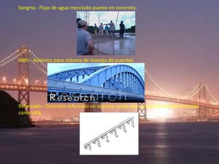 Sangría.- Flujo de agua mezclado puesto en concreto.




BMS.- Acrónico para sistema de manejo de puentes.




Reforzado.- Concreto reforzado un soporte usado para acero horizontal conocido
como silla.
 