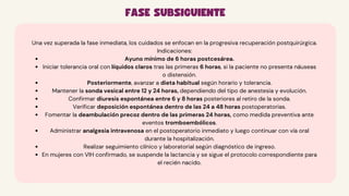 FASE SUBSIGUIENTE
Una vez superada la fase inmediata, los cuidados se enfocan en la progresiva recuperación postquirúrgica.
Indicaciones:
Ayuno mínimo de 6 horas postcesárea.
Iniciar tolerancia oral con líquidos claros tras las primeras 6 horas, si la paciente no presenta náuseas
o distensión.
Posteriormente, avanzar a dieta habitual según horario y tolerancia.
Mantener la sonda vesical entre 12 y 24 horas, dependiendo del tipo de anestesia y evolución.
Confirmar diuresis espontánea entre 6 y 8 horas posteriores al retiro de la sonda.
Verificar deposición espontánea dentro de las 24 a 48 horas postoperatorias.
Fomentar la deambulación precoz dentro de las primeras 24 horas, como medida preventiva ante
eventos tromboembólicos.
Administrar analgesia intravenosa en el postoperatorio inmediato y luego continuar con vía oral
durante la hospitalización.
Realizar seguimiento clínico y laboratorial según diagnóstico de ingreso.
En mujeres con VIH confirmado, se suspende la lactancia y se sigue el protocolo correspondiente para
el recién nacido.
 