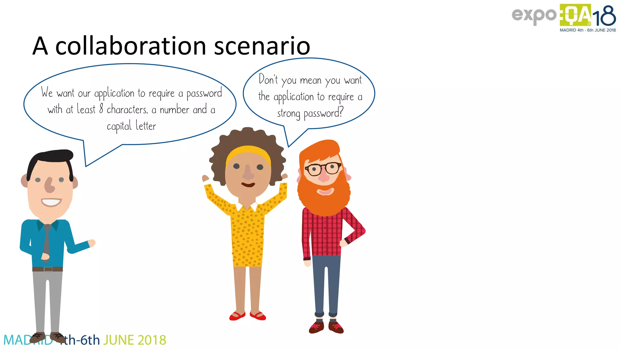 A collaboration scenario We want our application to require a password with at least 8 characters, a number and a capital letter Don’t you mean you want the application to require a strong password? 