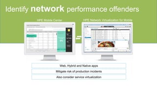 Identify network performance offenders
Web, Hybrid and Native apps
Mitigate risk of production incidents
Also consider service virtualization
HPE Mobile Center HPE Network Virtualization for Mobile
 