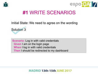 #1 WRITE SCENARIOS
Initial State: We need to agree on the wording
Solution 3
Scenario: Log in with valid credentials
Given...