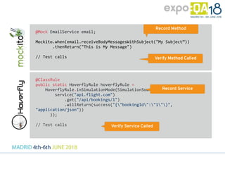@Mock EmailService email;
Mockito.when(email.receiveBodyMessagesWithSubject("My Subject”))
.thenReturn("This is My Message")
// Test calls
@ClassRule
public static HoverflyRule hoverflyRule =
HoverflyRule.inSimulationMode(SimulationSource.dsl(
service("api.flight.com")
.get("/api/bookings/1")
.willReturn(success("{"bookingId":"1"}",
"application/json"))
));
// Test calls
Record Method
Verify Method Called
Record Service
Verify Service Called
 