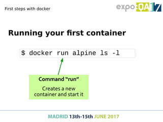 First steps with docker
Executing a container
$ docker run alpine echo "hello from alpine"
hello from alpine
Execute the c...