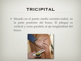 TRICIPITAL
• Situado en el punto medio acromio-radial, en
  la parte posterior del brazo. El pliegue es
  vertical y corre paralelo al eje longitudinal del
  brazo.
 